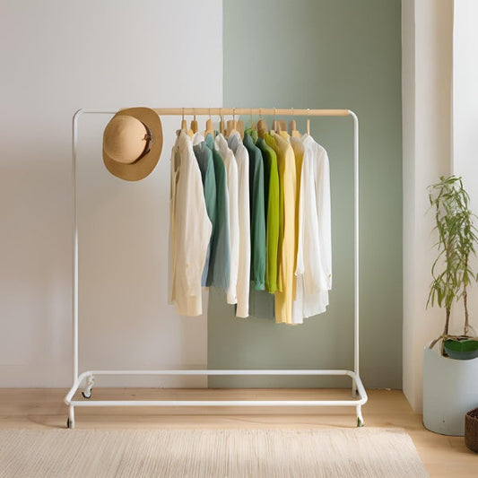 Rack de ropa con prendas sostenibles y en armonía de color, ilustrando cómo elegir un guardarropa consciente que refleje tu estilo personal.