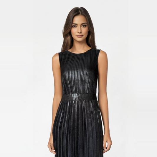 Vestido Studio I Negro Brillante: Elegancia Semiformal a la Rodilla pieza sostenible talla 6