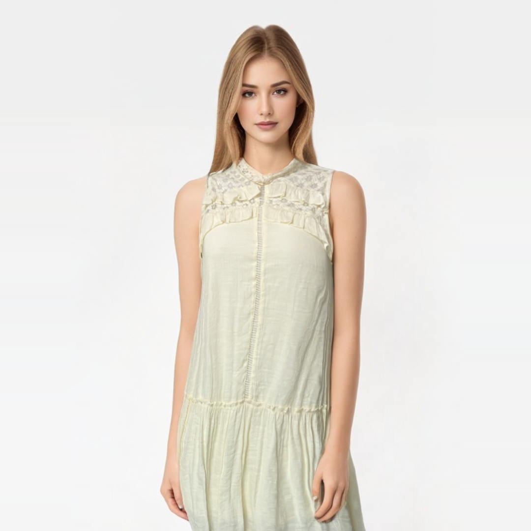 Vestido Bib Boho Fresco con Detalle de Encaje en la Parte Superior - Estilo y Comodidad en Armonía pieza sostenible talla Crema