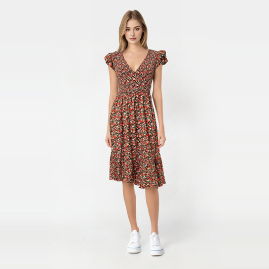 Vestido con Estampado de Flores y Detalle de Bies en Mangas - Contraste Elegante (Nuevo sin etiqueta) pieza sostenible talla S