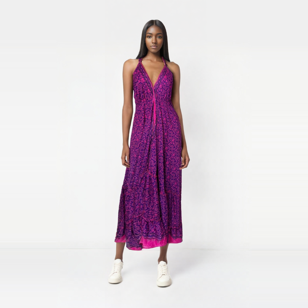 Vestido Estampado de Flores Violeta y Rosa - Encanto Floral Dual pieza sostenible talla S