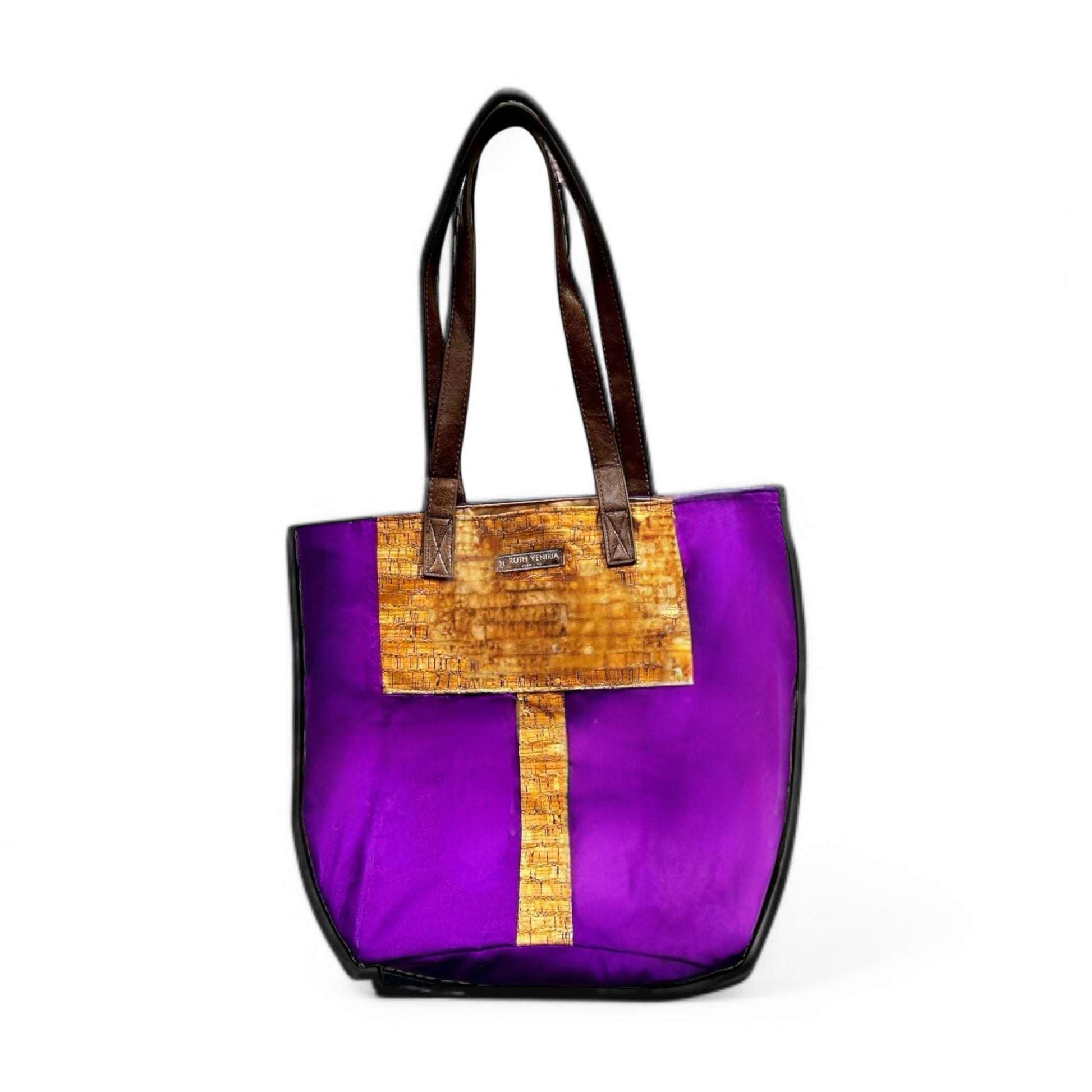 Tote Bag Violeta con Diseño Rectangular y Mangos de Cuero en Color Marrón - Diseñado por Ruth Yeniria pieza sostenible talla Default Title