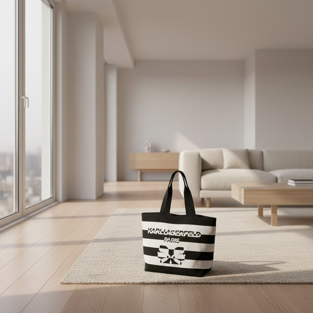 Karl Lagerfeld Paris Canvas Tote de Rayas Blanco y Negro