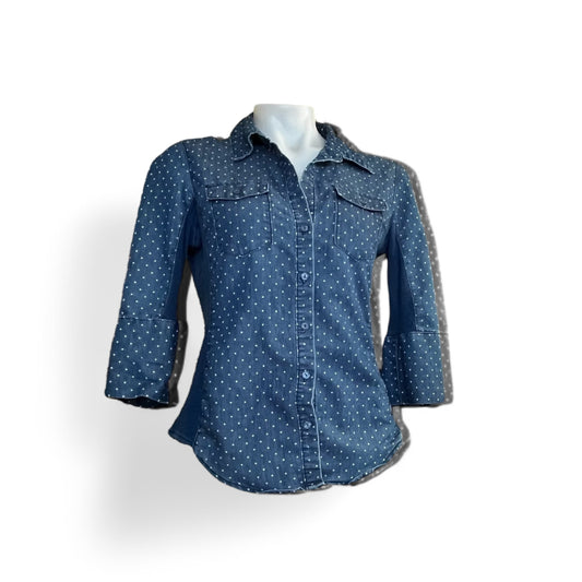 blusa cuello jean con puntos blancos pieza sostenible talla Default Title