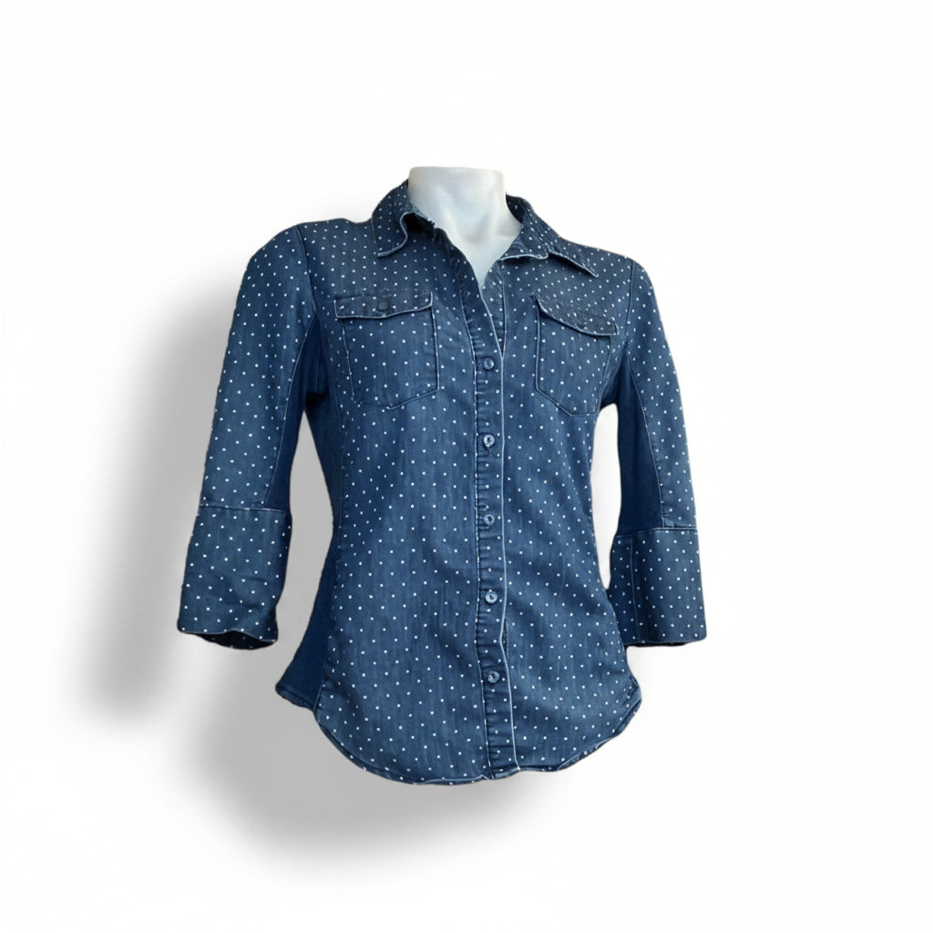 blusa cuello jean con puntos blancos pieza sostenible talla Default Title