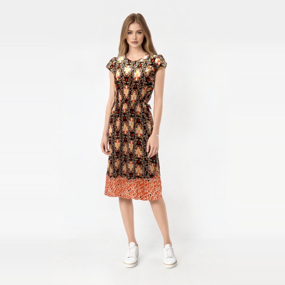 Vestido Eclair con Estampado Abstracto en Naranja y Negro: ¡Deslumbra con Estilo!