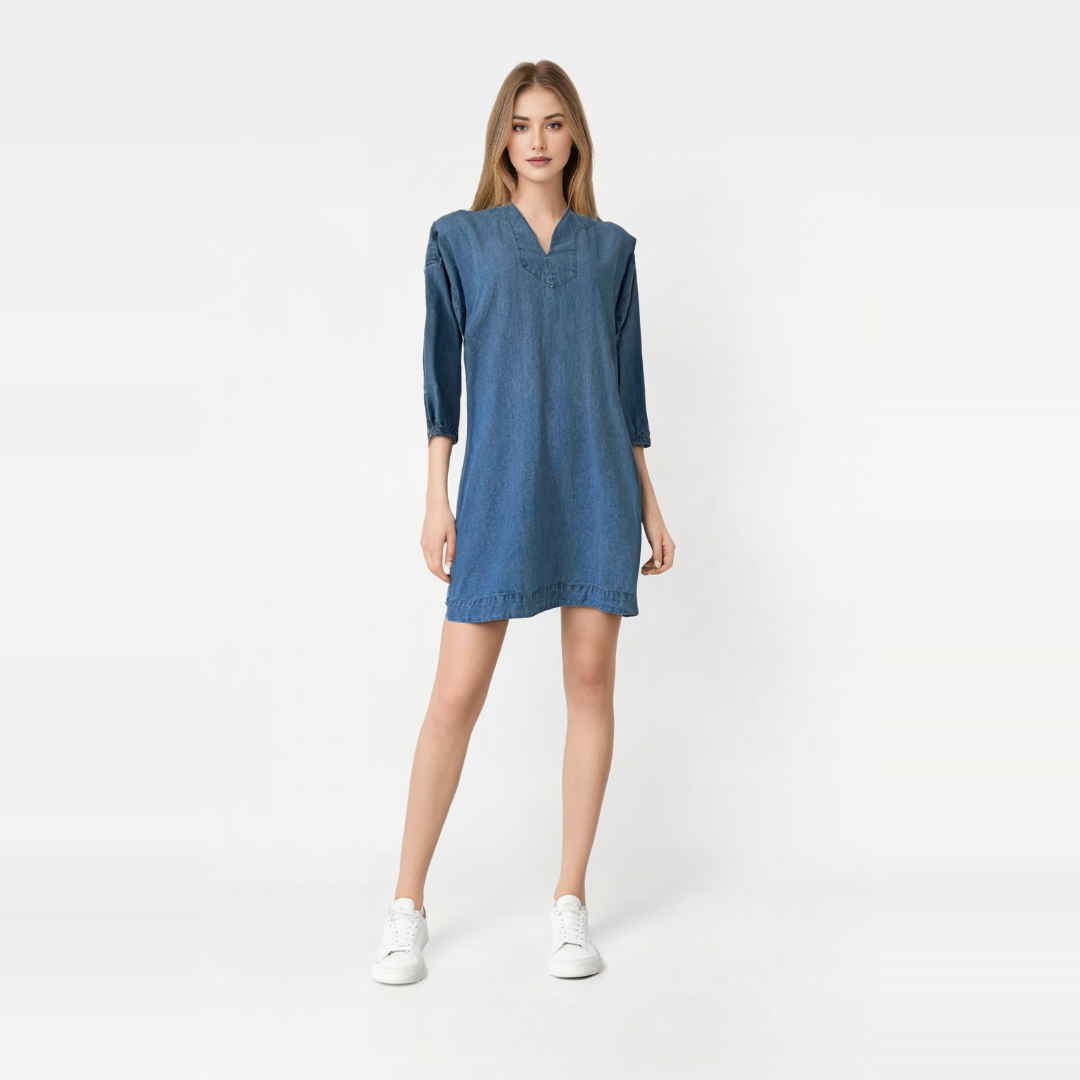 Vestido R1893 Missy Chambray: Elegancia Casual en Denim Azul Corto