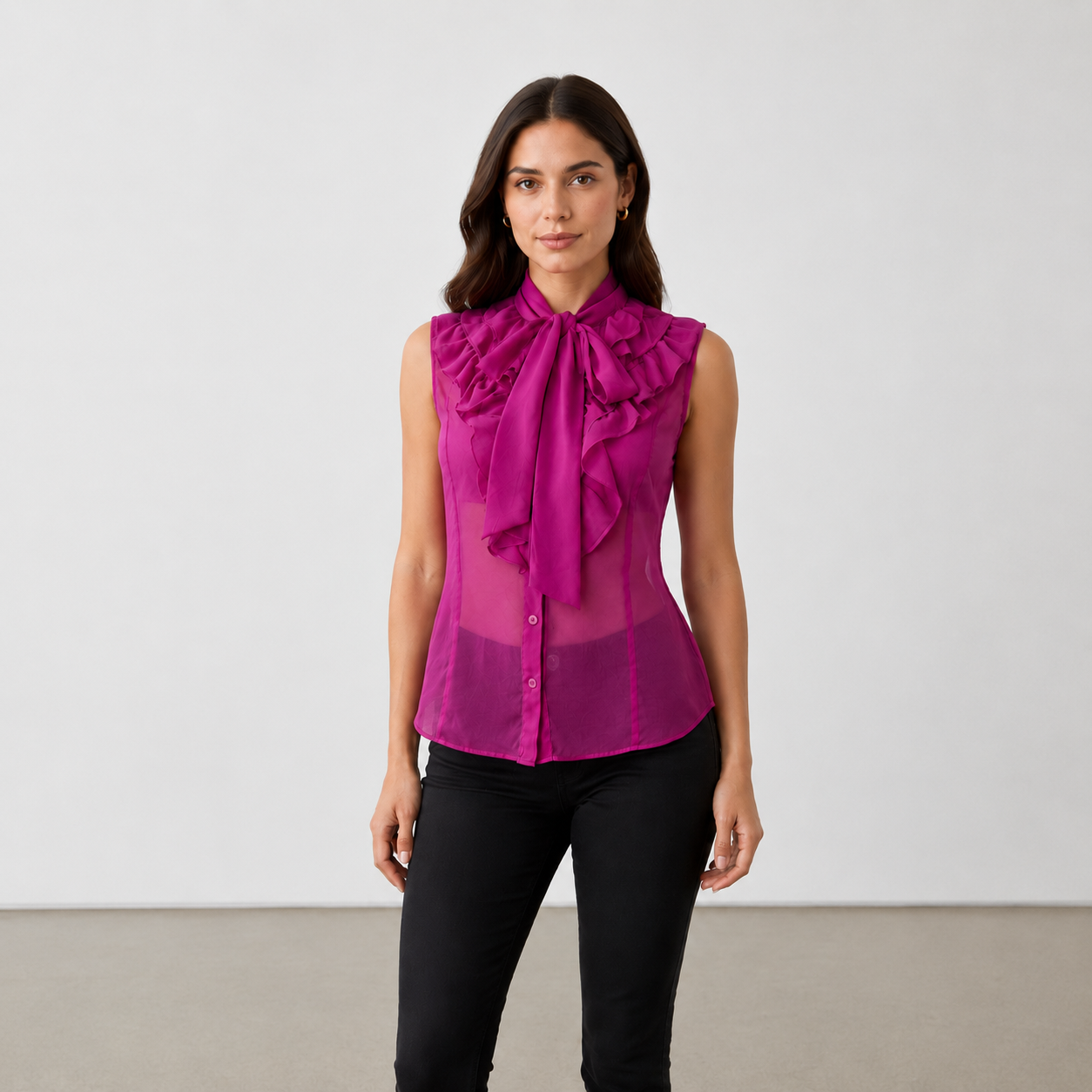 Blusa Fucsia Transparente con Lazo y Volantes