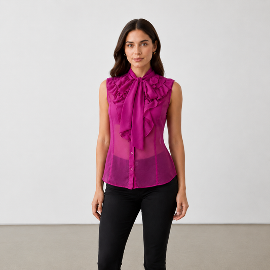 Blusa Fucsia Transparente con Lazo y Volantes