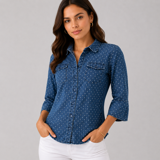 blusa cuello jean con puntos blancos