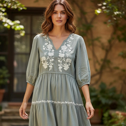 Lucky Brand | Vestido Verde Bordado – Elegancia Atemporal (Preloved)