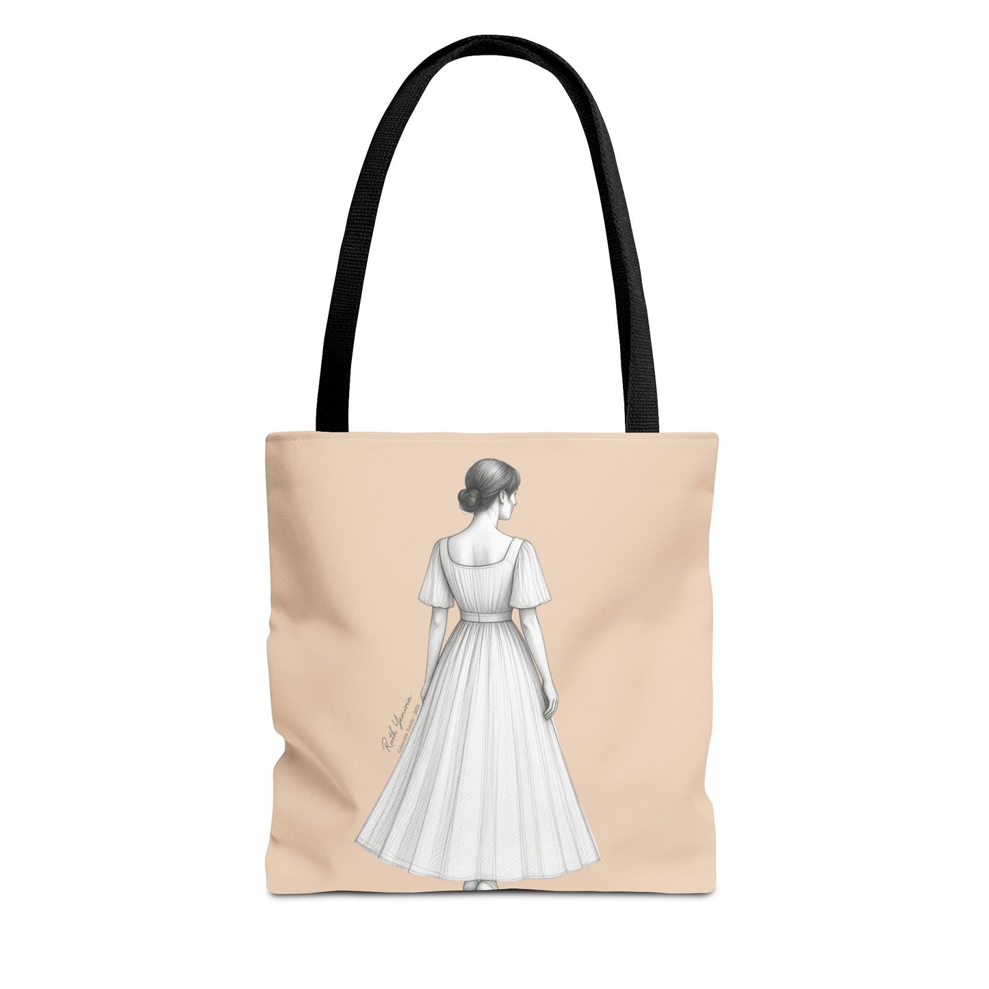 Tote bag ESENCIA color beige con ilustración de mujer elegante de espalda en vestido fluido, diseño minimalista de la colección Aceite de Bohntage