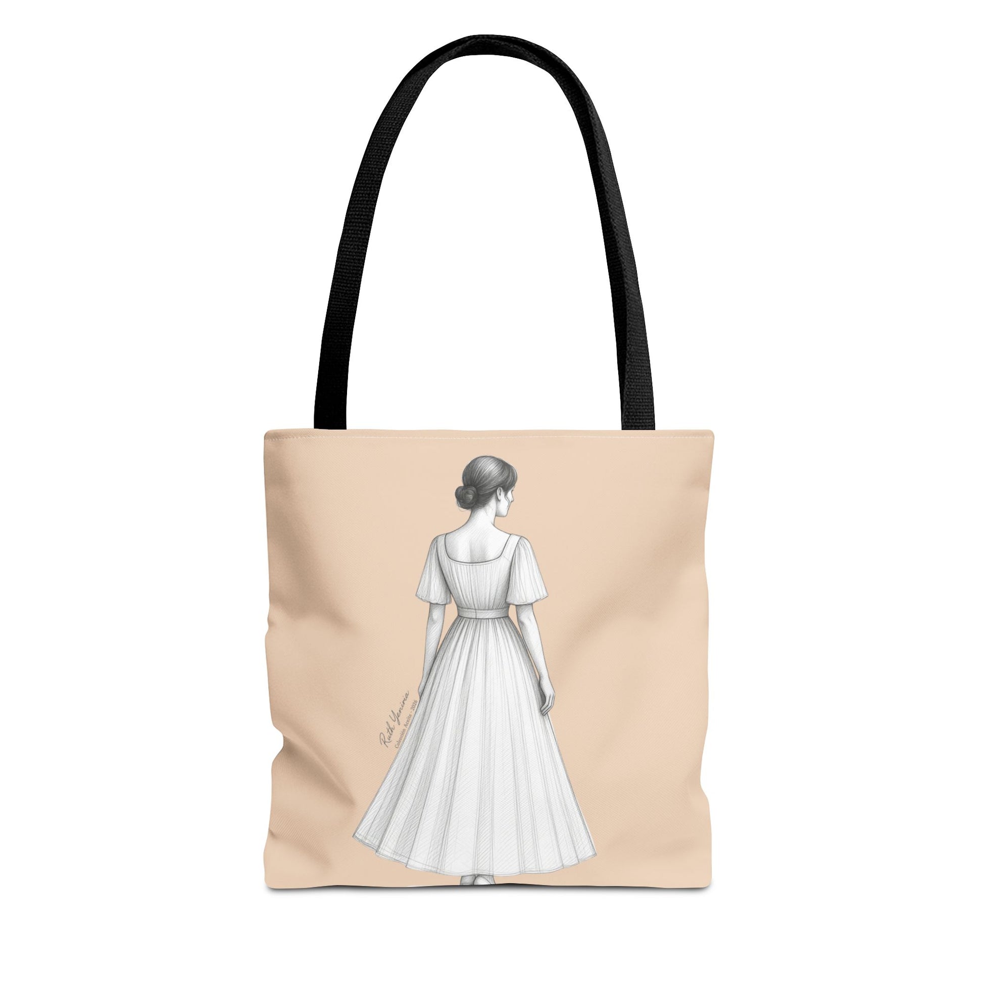 Tote bag ESENCIA color beige con ilustración de mujer elegante de espalda en vestido fluido, diseño minimalista de la colección Aceite de Bohntage