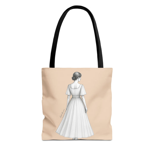 Tote bag ESENCIA color beige con ilustración de mujer elegante de espalda en vestido fluido, diseño minimalista de la colección Aceite de Bohntage