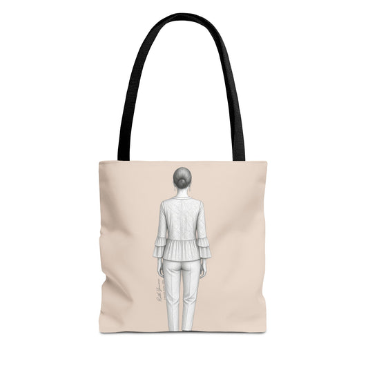 Tote bag ESPERA color neutro con ilustración femenina elegante simbolizando paciencia y propósito colección Aceite Bohntage