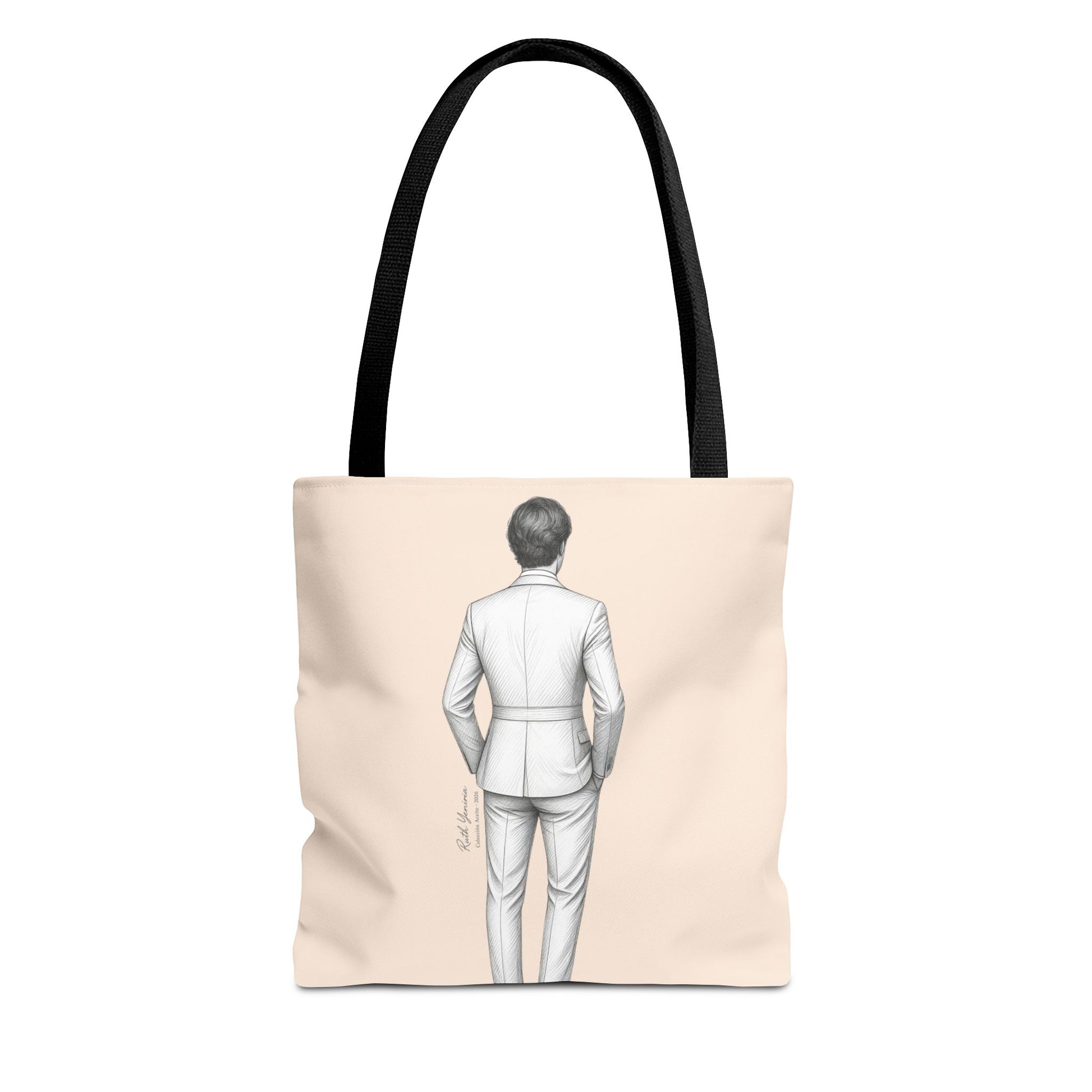 Tote bag NOVIO color neutro con ilustración masculina elegante caminando con autoridad colección Aceite Bohntage