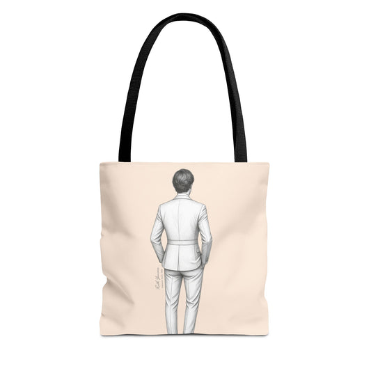 Tote bag NOVIO color neutro con ilustración masculina elegante caminando con autoridad colección Aceite Bohntage