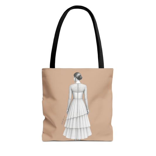 Tote bag SABIDURÍA color neutro con ilustración femenina elegante simbolizando claridad y discernimiento colección Aceite Bohntage