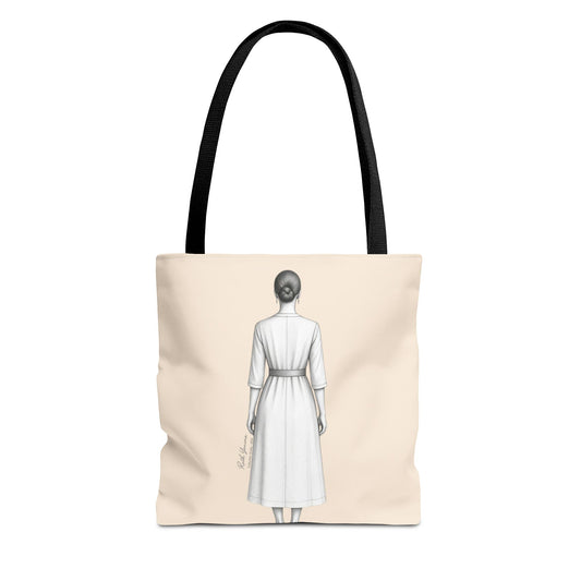 Tote bag TÚNICA color neutro con ilustración femenina elegante estilo minimalista colección Aceite Bohntage