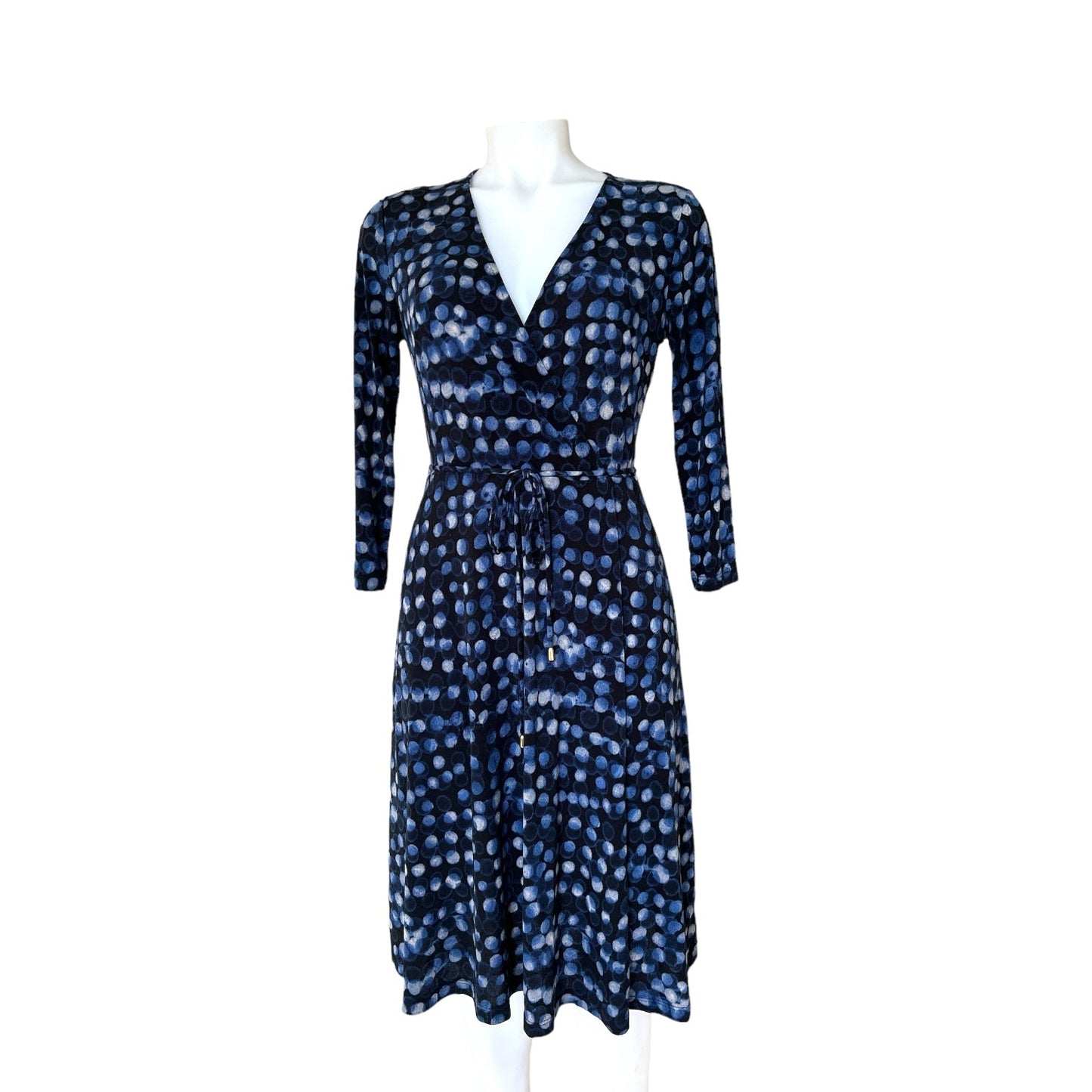 Vestido Cruzado Azul Noche con Estampado Artístico Talla S