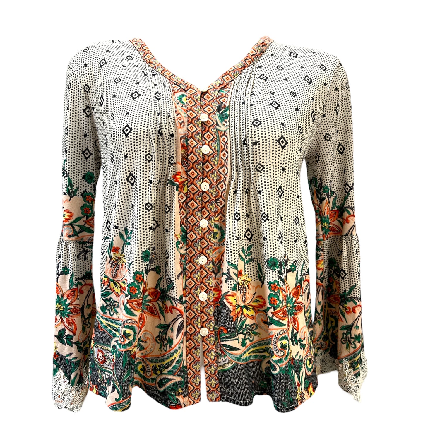 Blusa de Boutique Bohemia con Diseño Simétrico Floral - Elegancia Libre y Natural (Preloved)